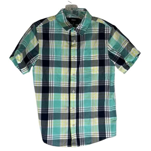 Urban Pipeline Button Down Shirt Boys Blue Yellow Plaid Short Sleeves XL - Picture 1 of 9